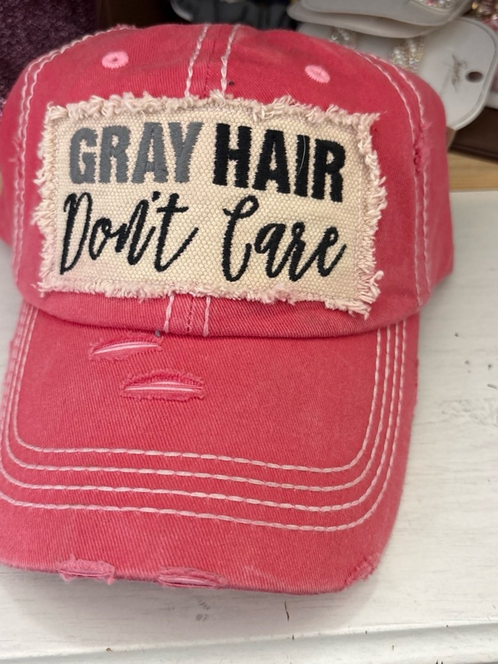 Gray Hair Don't Care Distressed Pink Baseball Cap